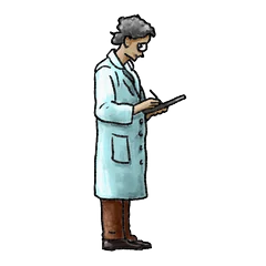 The lab assistant in a lab coat, taking notes on a clipboard